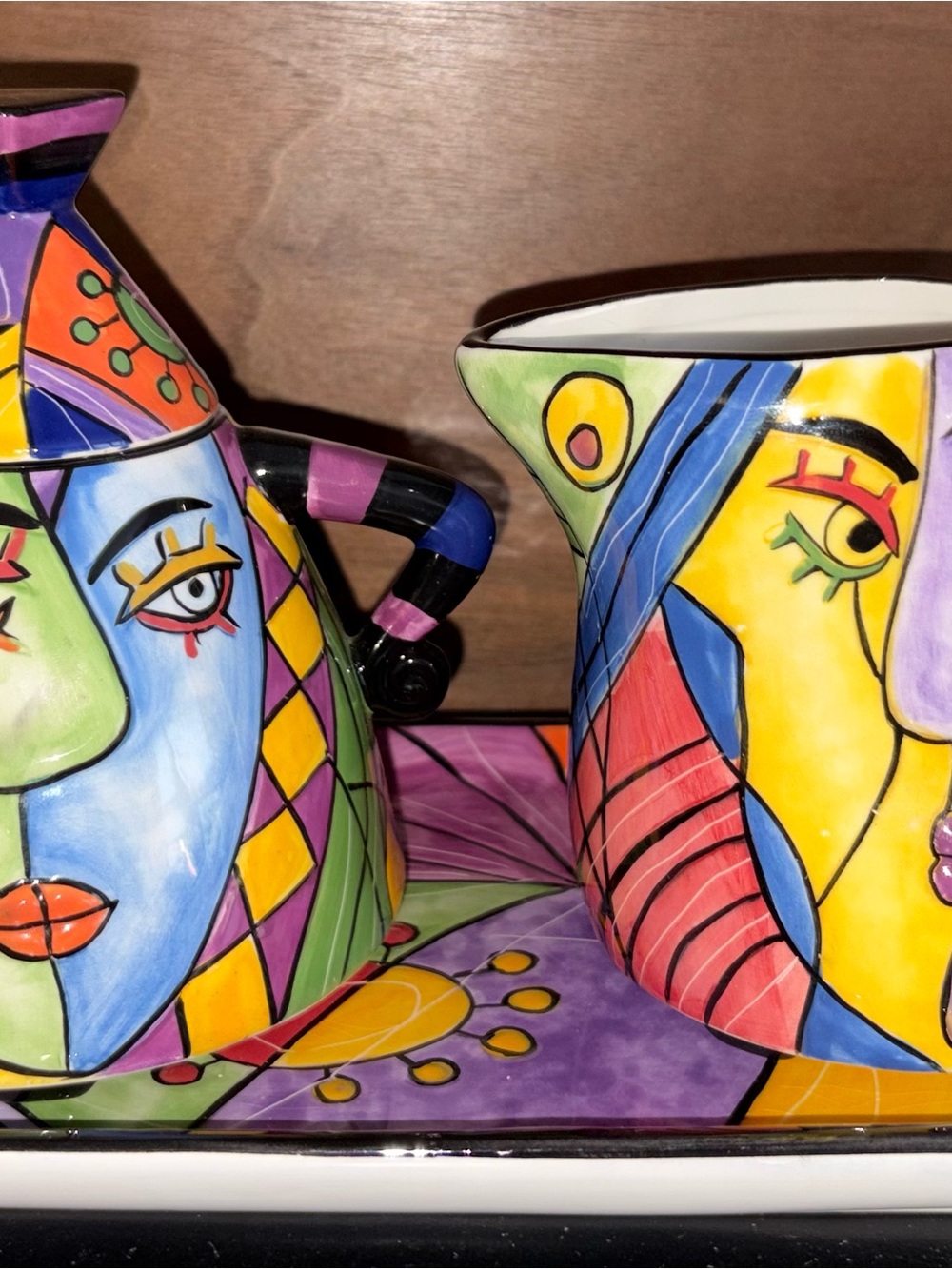 Muzeum Hand Painted Picasso Style Sugar & Creamer Set w/ Tray
